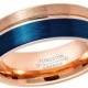 Blue & Rose Gold Tungsten Wedding Band, Grooved Pipe Cut Tungsten Carbide Ring, Brushed Finish Comfort Fit Tungsten Anniversary Ring TN878PL