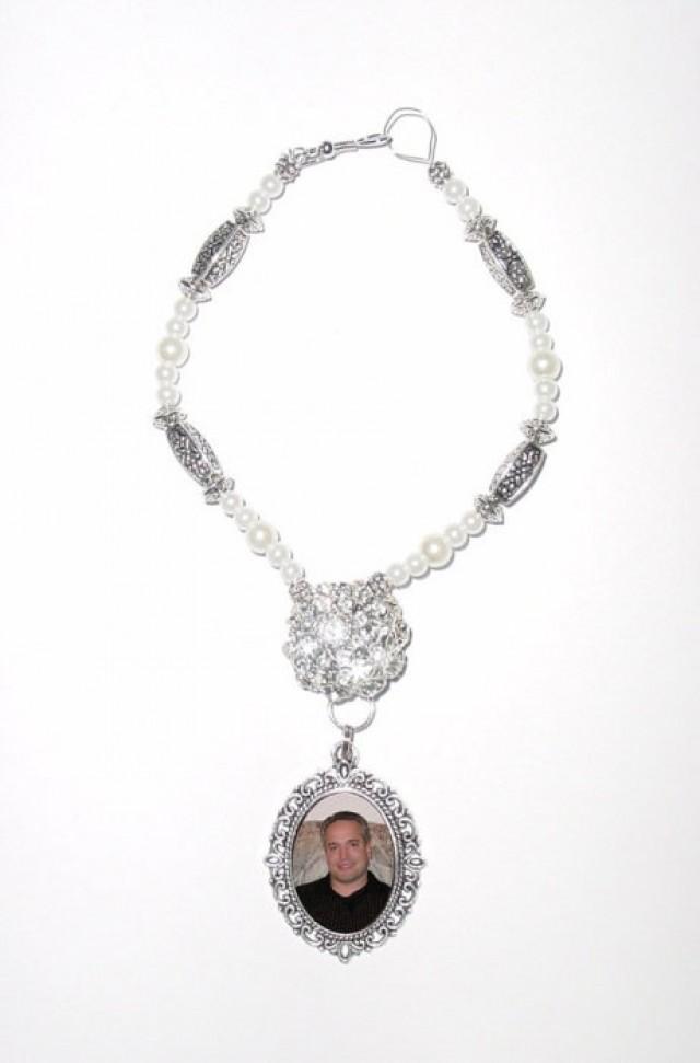 wedding photo - Wedding Bouquet Memorial Photo Oval Metal Charm Crystal Gems Silver Diamond Tibetan Beads - FREE SHIPPING