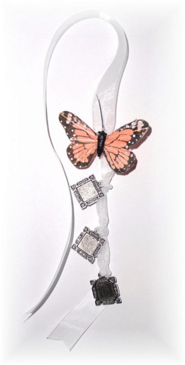 wedding photo - DIY - Wedding Bouquet Memorial Triple Silver Square Monarch Butterfly Photo Ribbon Mini Charm