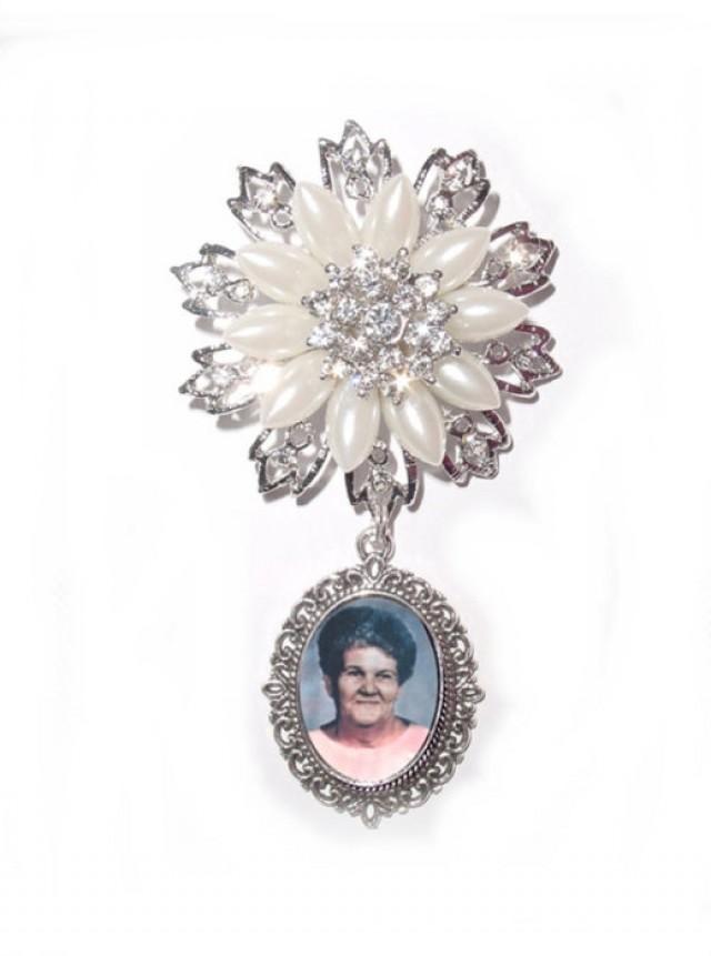 wedding photo - Memorial Photo Timeless Elegance Brooch Charm Crystal Gems Pearls Silver - FREE SHIPPING