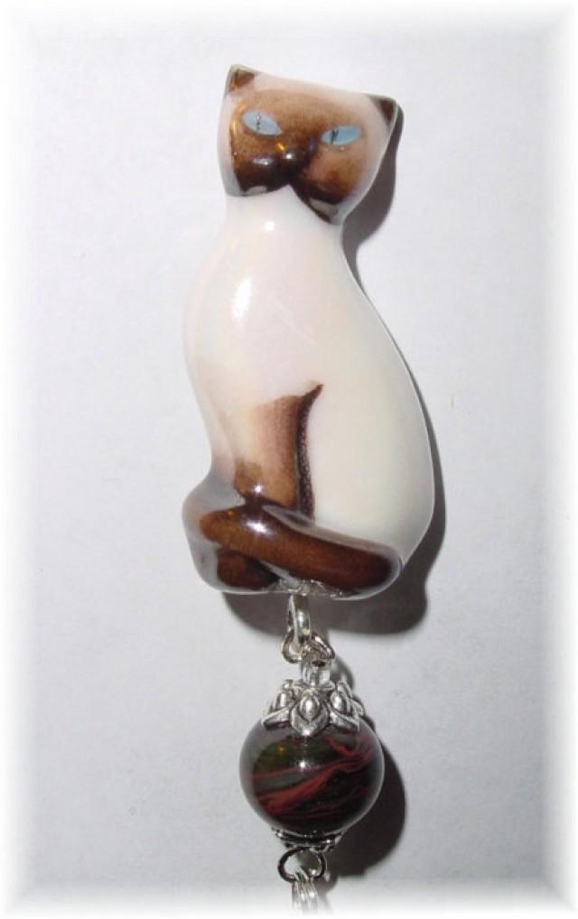 wedding photo - Memorial Photo Brooch Siamese Cat Porcelain Lampwork Glass Bead - FREE SHIPPING