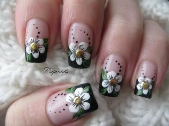 Black French Manicure with Flowers Nail Art