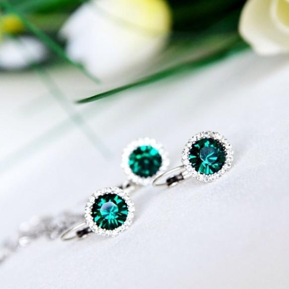 wedding photo - emerald bridal bridesmaids jewelry set necklace earrings clear crystal