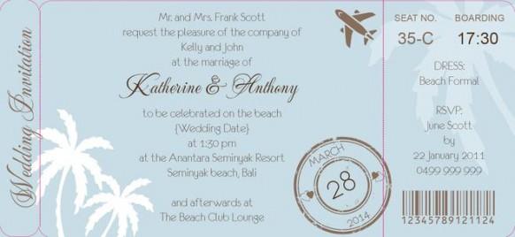 wedding photo - Palm Breeze Boarding Pass Invite in Eggshell Blue - DreamDay Invitations