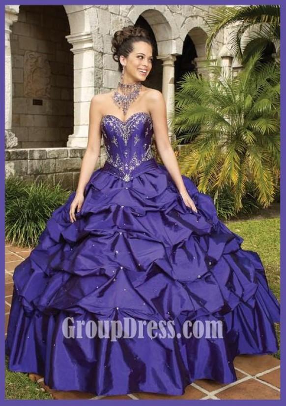 wedding photo - Grape Taffeta Beaded Strapless Sweetheart Pick-up Quinceanera Gown
