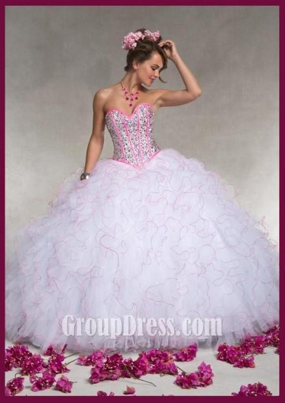 wedding photo - Strapless Sequin Sweetheart Ruffled Contrasting Trim White Quinceanera Dress
