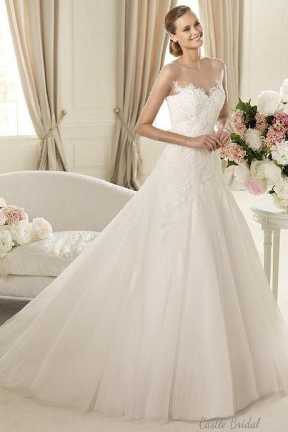 wedding photo - A Line Equisite Lace One Soft Tulle 3/4 Sleeves Lace Bridal Gown