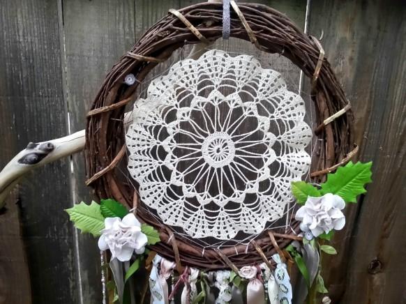 wedding photo - Handmade Spring Flowers Dream Catcher- Pink and Green Doily Dreamcatcher- Lovely Wreath Wall Hanging