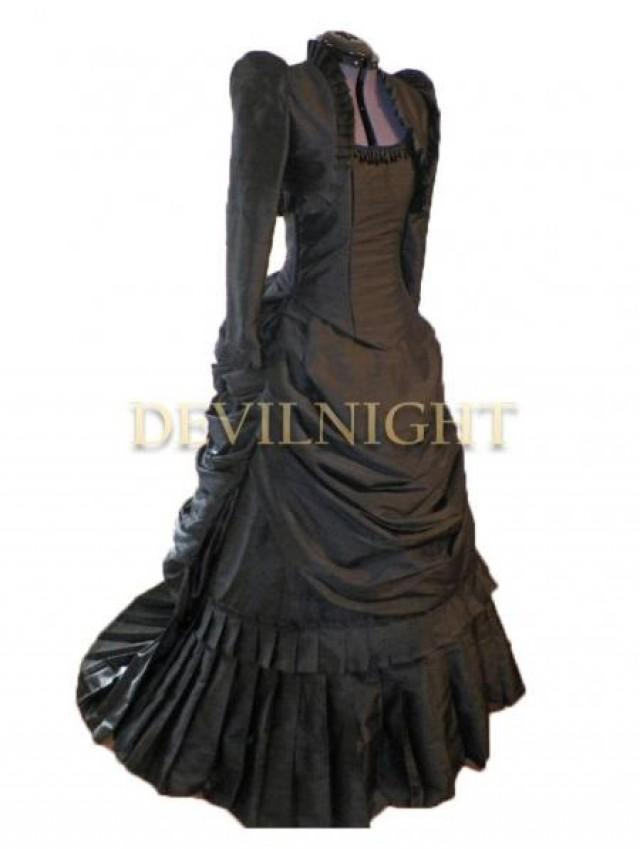 wedding photo - Black Gothic Victorian Bustle Dress with Long Sleeves Short Jacket