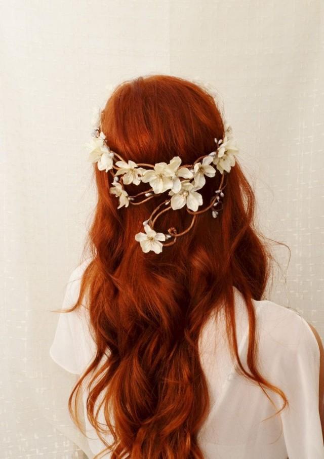 wedding photo - Wreath, Ivory Flower Head Piece, Bridal Crown, Whimsical Headband, Wedding Accessories - Diana