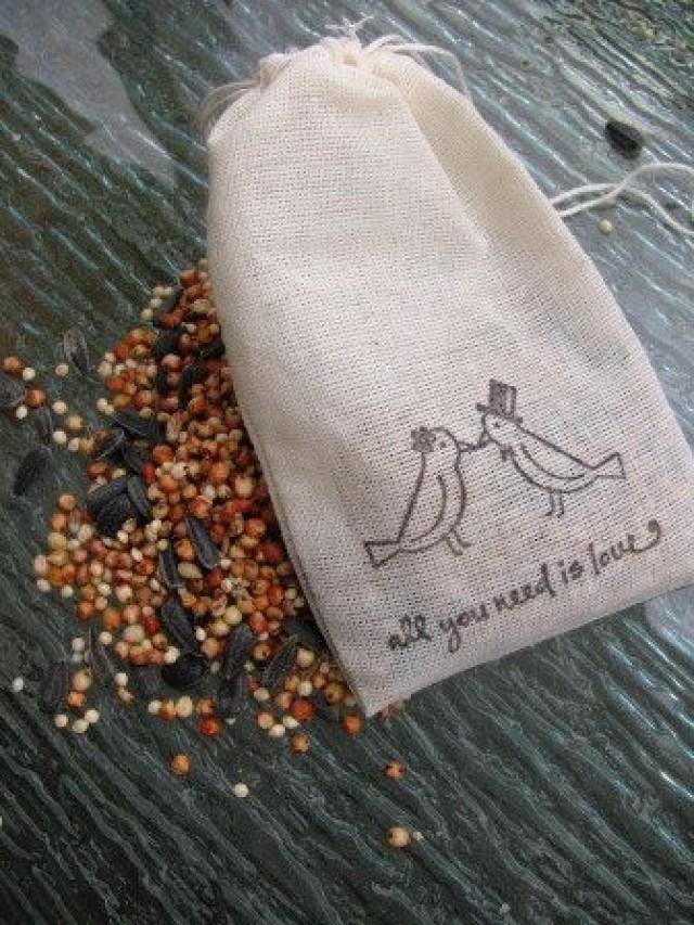 wedding photo - 75 Bird Seed Filled Muslin Drawstring Bags- Hand Stamped With Lovebird Image And Quote