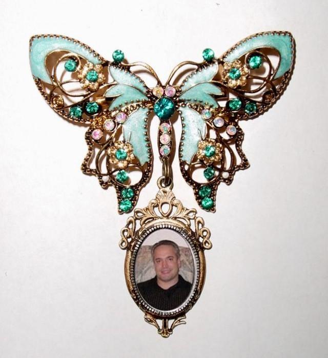 wedding photo - Memorial Photo Brooch Butterfly Something Blue Crystals Gems - FREE SHIPPING