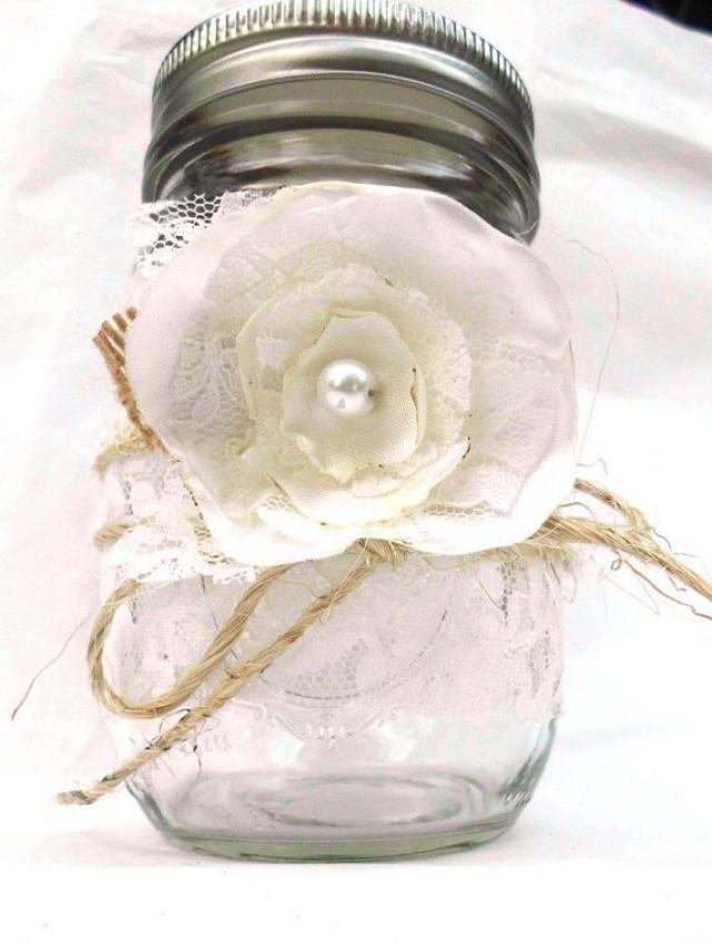 Rustic Wedding Decor, 5 Mason Jar Lace Wraps, Burlap, Ivory, Fabric