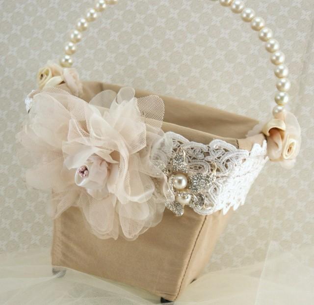 Flower Girl Basket Bridal Basket In Ivory, Blush Pink, Nude And Champagne With Dupioni Silk And Crystal Brooch Vintage Touch