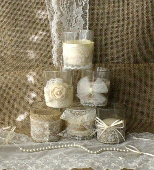 wedding photo - Burlap And Lace Wedding Tea Candles, Victorian Wedding Centerpiece