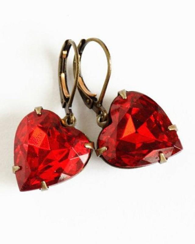 Heart Earrings, Red Jewel Earrings, Vintage Red Heart Glass Jewel Earrings, Dangle Earrings, Deep Red Jewel Earrings