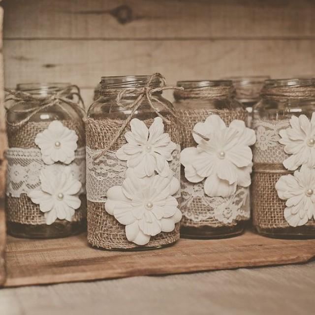 10 Lace And Burlap, Wedding Centerpieces. Lace And Burlap Wedding. Rustic Wedding, Barn Wedding. Mason Jar