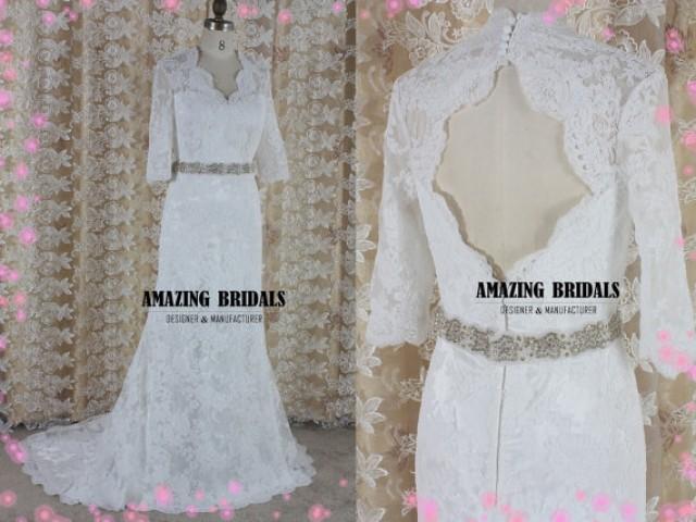 wedding photo - Keyhole back Alencon lace wedding dress-Open back Alencon lace wedding gown- lace wedding dress