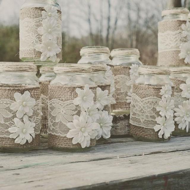 wedding photo - DIY Burlap And Lace Mason Jar. Fits 24 Oz Mason Jars. Lace And Burlap Wedding. Rustic Wedding, Barn Wedding. Mason Jar