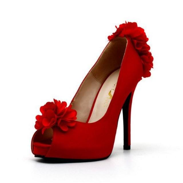 Red Satin Wedding Shoes With Flowers