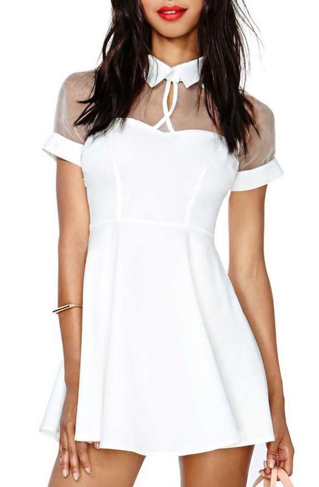 White Short Sleeve Mesh Peak Collar Skater Dress - Sheinside.com