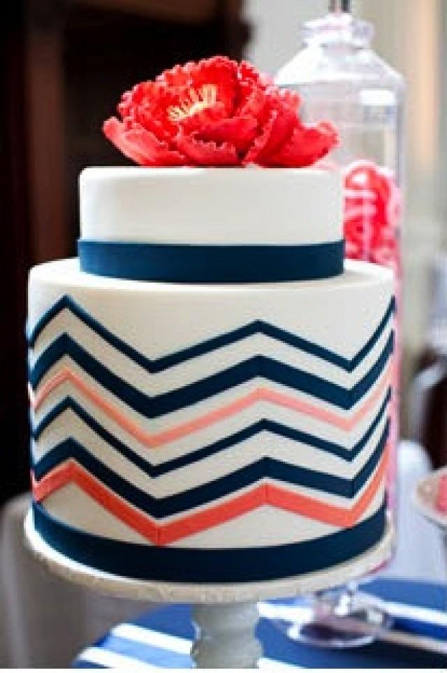 Coral And Navy Chevron Cake 