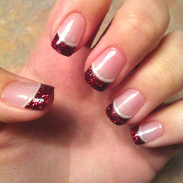 French Manicure With Red Glitter Tips 