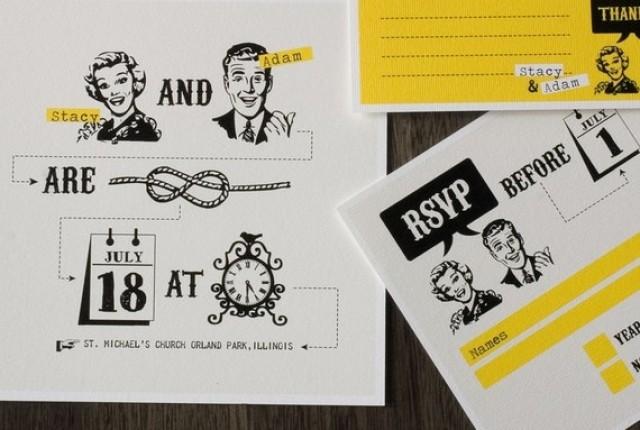 wedding photo - Printable 50s Wedding Invitation Set With Yellow Retro Design - "Tying The Knot"