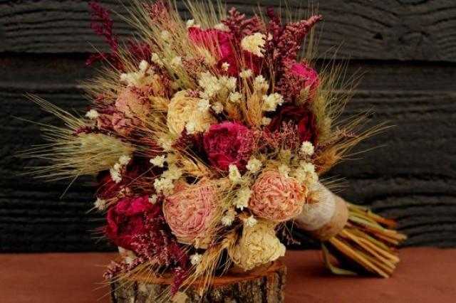wedding photo - Rustic Burgundy And Pink Wedding Bouquet, Large Bridal Bouquet, Rustic Chic Bouquet, Dried Flowers, Peony Bouquet With Wheat & Wild Flowers