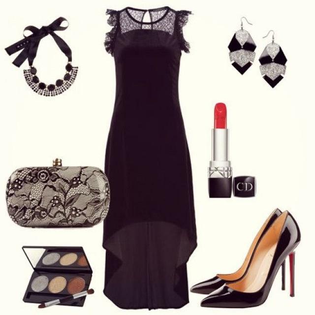 Black Contrast Sheer Lace High Low Dress - Sheinside.com