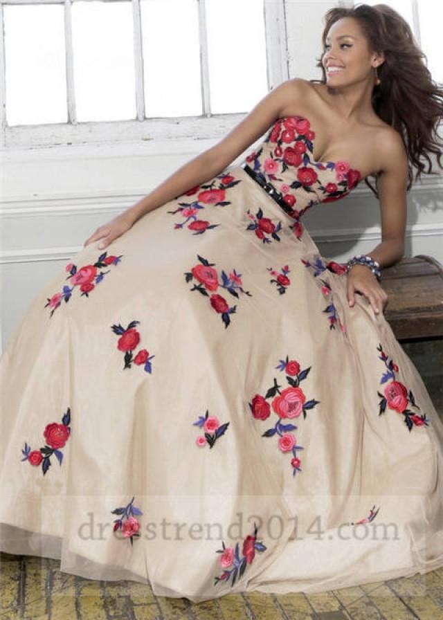 wedding photo - 2014 Nude Red Floral Embroidery Ball Gown Prom Dress