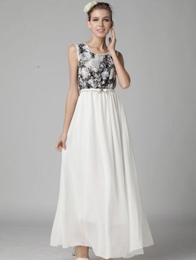 White Sleeveless Floral Lace Full Length Dress - Sheinside.com