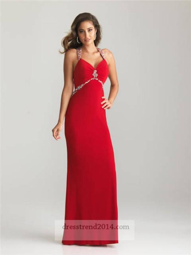 wedding photo - Long Red Jersey Beaded Open Back Prom Dress