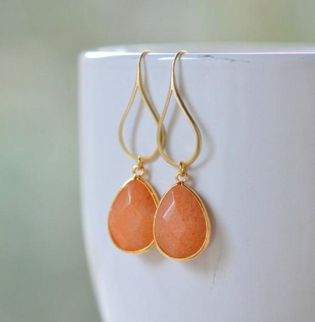 Orange Teardrop Dangle Earrings. Orange Drop Earrings. Large Gold Dangle Earrings. Holiday Jewelry. Gift For Her. Jewelry Present