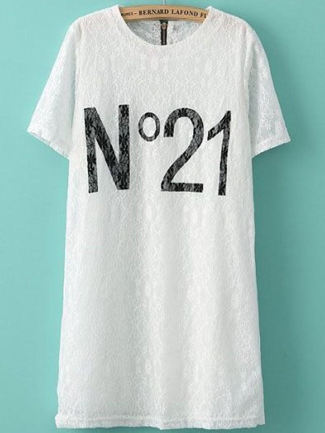 White Short Sleeve No. 21 Print Lace Dress - Sheinside.com