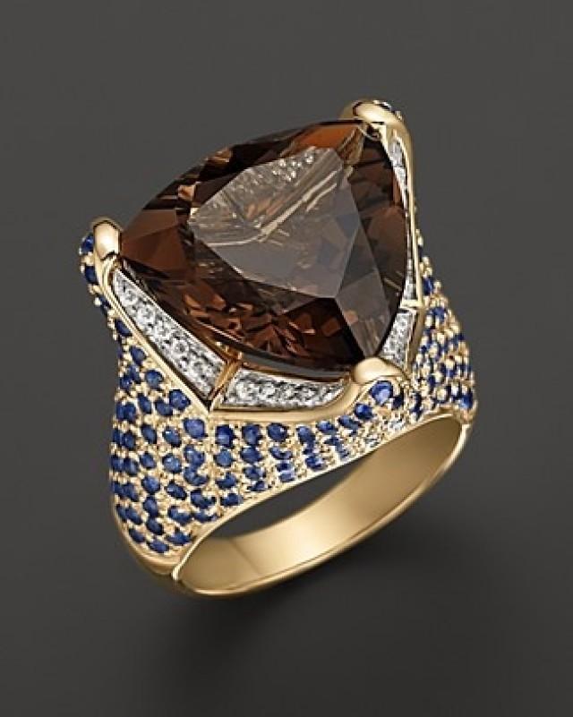 wedding photo - Smokey Quartz Ring With Diamonds And Blue Sapphires In 14K Yellow Gold