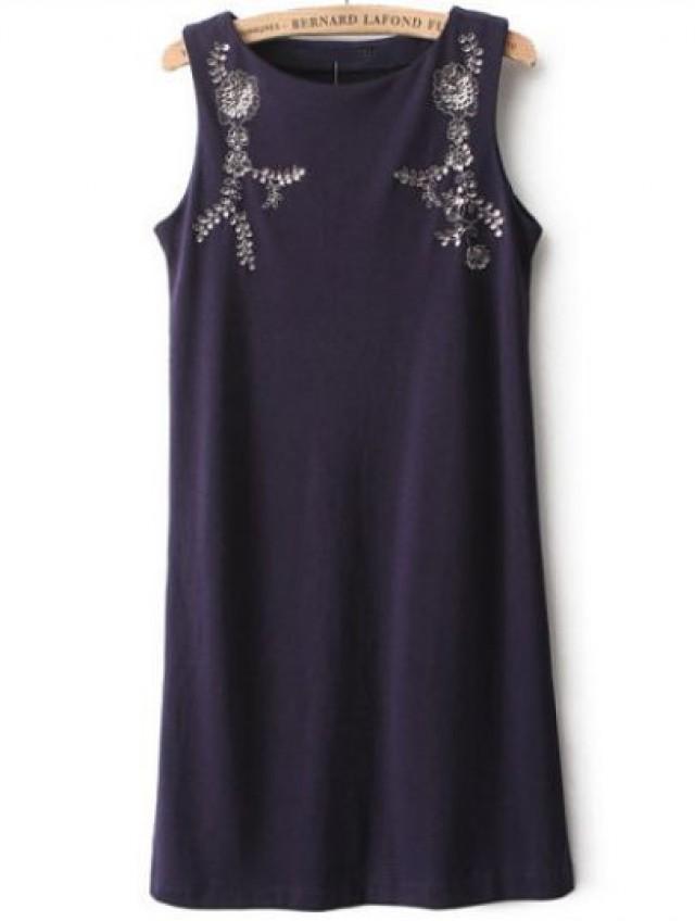 Navy Sleeveless Sequined Embellished Dress - Sheinside.com