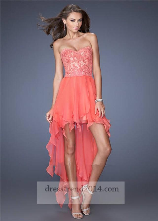 wedding photo - Coral Floral Lace High Low Prom Dresses 2014