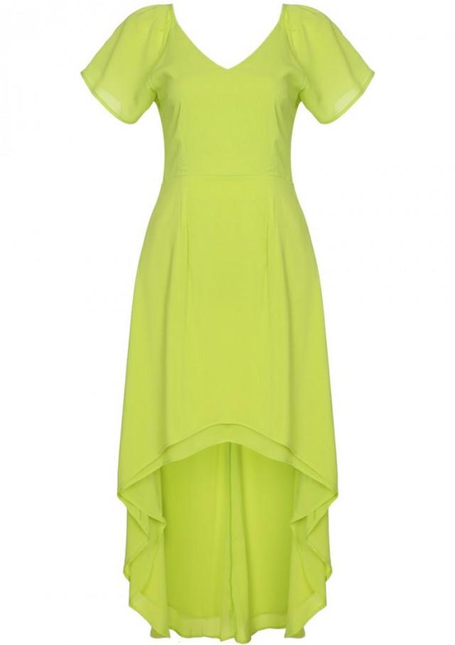Yellow V Neck Short Sleeve Ruffle High Low Dress - Sheinside.com