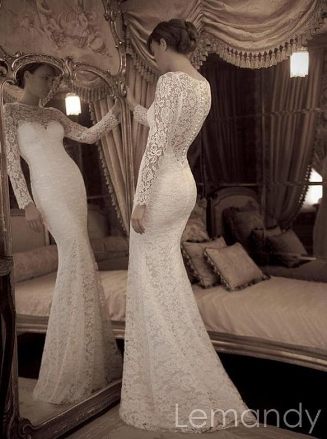 wedding photo - Ivory Long Sleeves Mermaid Lace Wedding Dress Floor Length