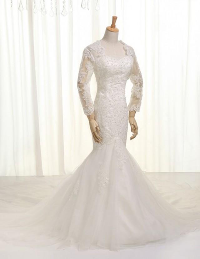 wedding photo - Sheer long sleeve lace appliques tulle trumpet fit and flare wedding dresses
