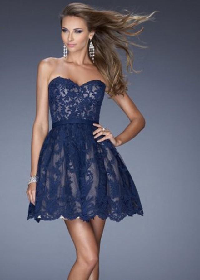 wedding photo - 2014 Navy Blue Sweetheart Lace Cover Short Prom Dress