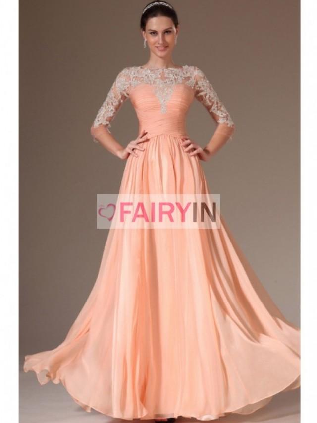 wedding photo - A-line/Princess 3/4 Sleeves Scoop Ruched Applique Floor-length Chiffon Tulle Dress
