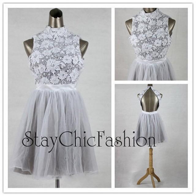 wedding photo - Floral Lace Embellished Top High Neck Open Back Dress for Prom