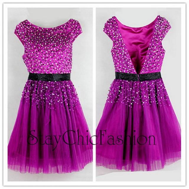 wedding photo - Purple Beaded Cap Sleeves Low Back Ruched Homecoming Dress 2014