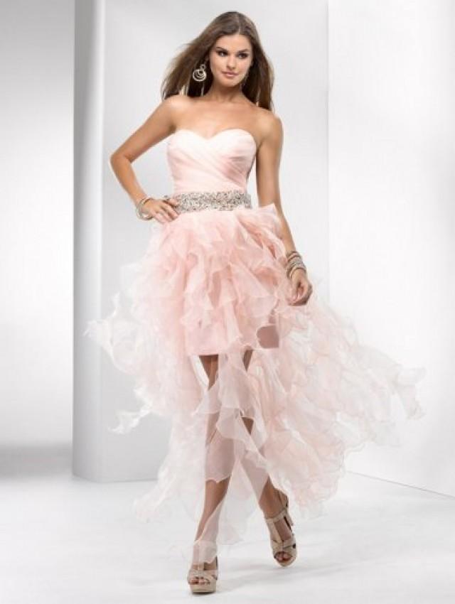 wedding photo - Pink Strapless Beaded Waist Ruffled Lace Up Back High Low Dress
