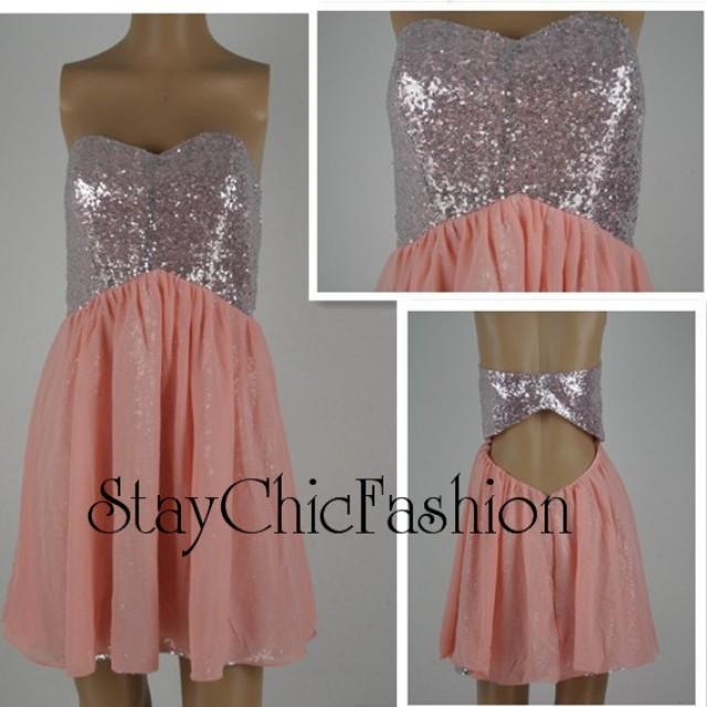 wedding photo - Silver Coral Short Sequined Strapless Chiffon Overlay Party Dress