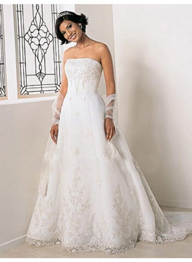 wedding photo - A-line Strapless Lace/Appliques Cathedral Train Elegant Natural Lace Wedding Dresses WE2646
