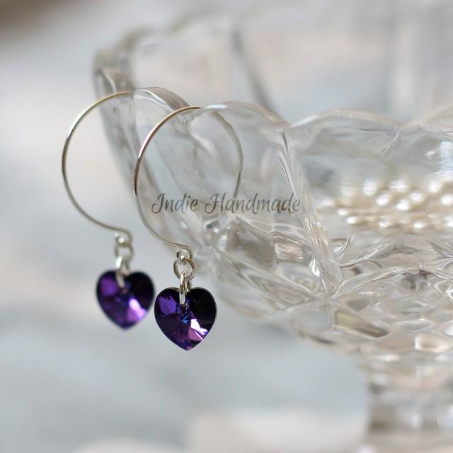 wedding photo - Purple Swarovski Heart & Sterling Silver Hoop Earrings