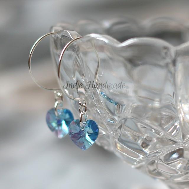 wedding photo - Blue Swarovski Heart & Sterling Silver Hoop Earrings